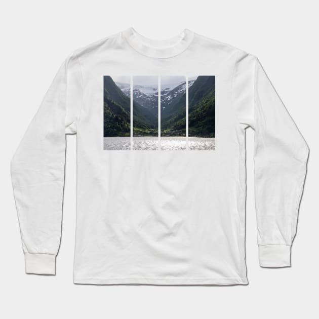 Wonderful landscapes in Norway. Vestland. Beautiful scenery of Buerbreen glacier. Sandvevatnet lake. Mountains, trees, rocks and houses in background. Cloudy day Long Sleeve T-Shirt by fabbroni-art